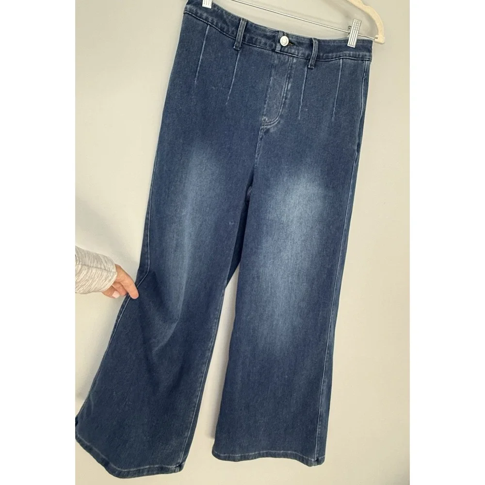 Halara Flex High Waisted Tummy Control Wide Leg Casual  Blue Jeans Size Petite L - Picture 3 of 16